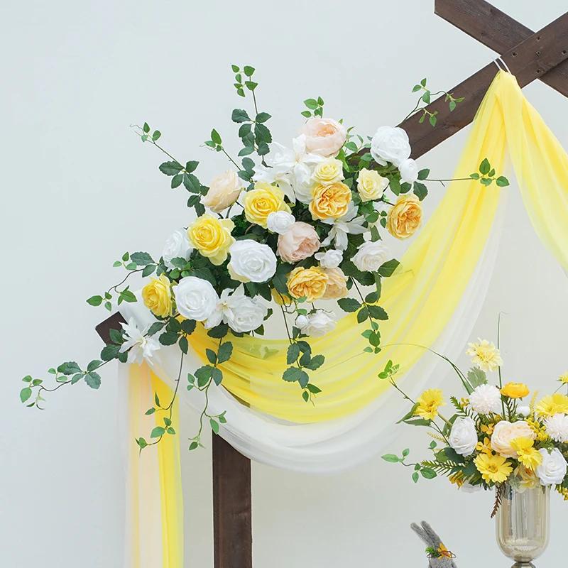 Yellow and White Floral Hanging Arrangement with Greenery – Wedding and Event Decor Prop