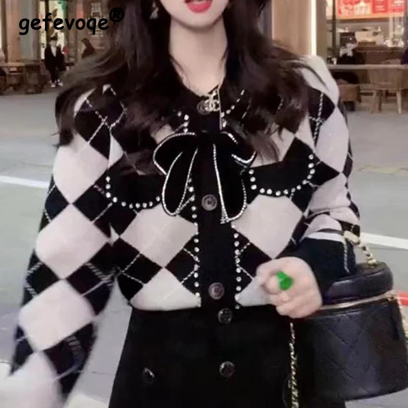 

Women Trendy Vintage Argyle Diamonds Bow Chic Sweet Outewear Button Knitted Cardigan Y2K Female O Neck Long Sleeve Sweater Coats