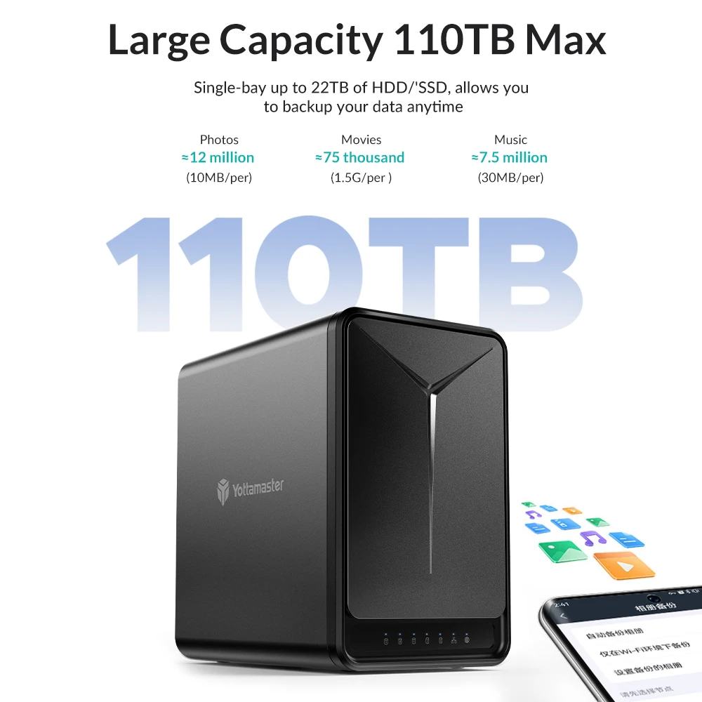 Yottamaster 2/5 Bay Raid NAS Storage Server 2.5&rdquo;3.5&ldquo; SATA HDD SSD External Case Quad Core CPU DDR4 RAM Home Network Storage nas enclosure