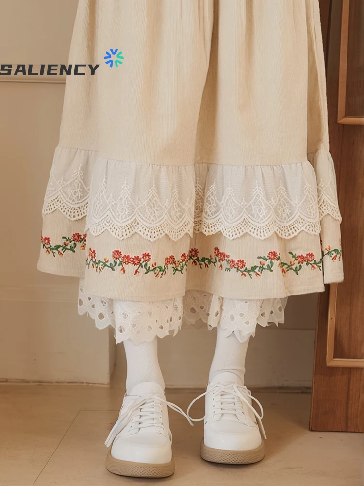 

Женская Вельветовая юбка с вышивкой Mori, свободная универсальная Вельветовая юбка А-силуэта в стиле ретро на осень и зиму