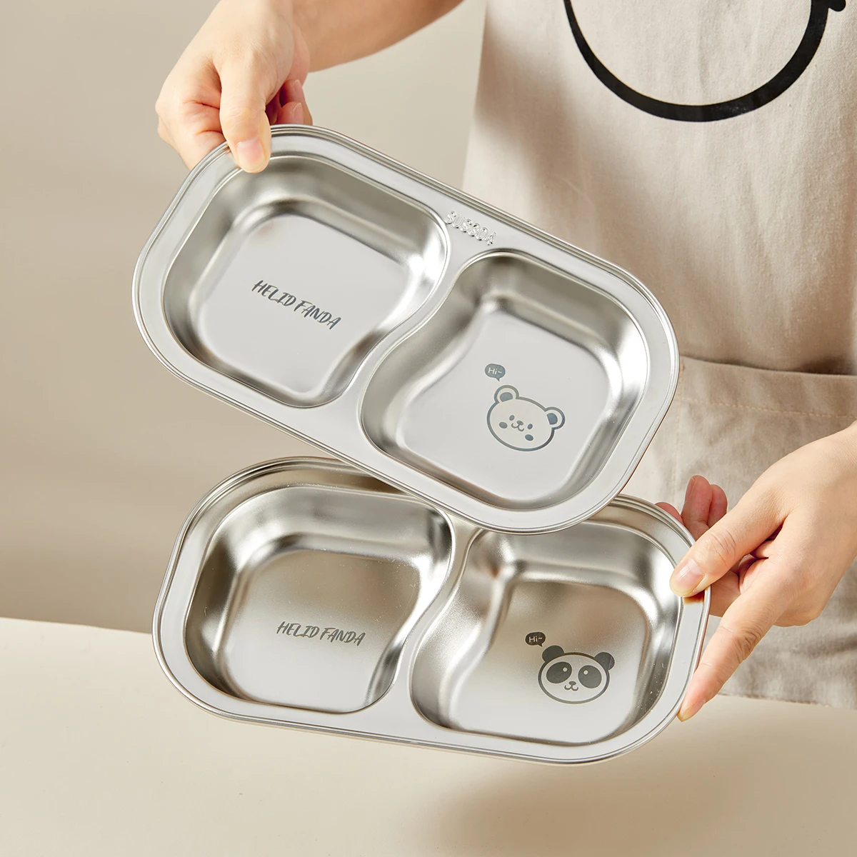 WORTHBUY 2 Compartments Kid Dining Plate 304 Stainless Steel Divided Dinner Plate Kitchen Cute Pattern Child Salad Dinner Tray