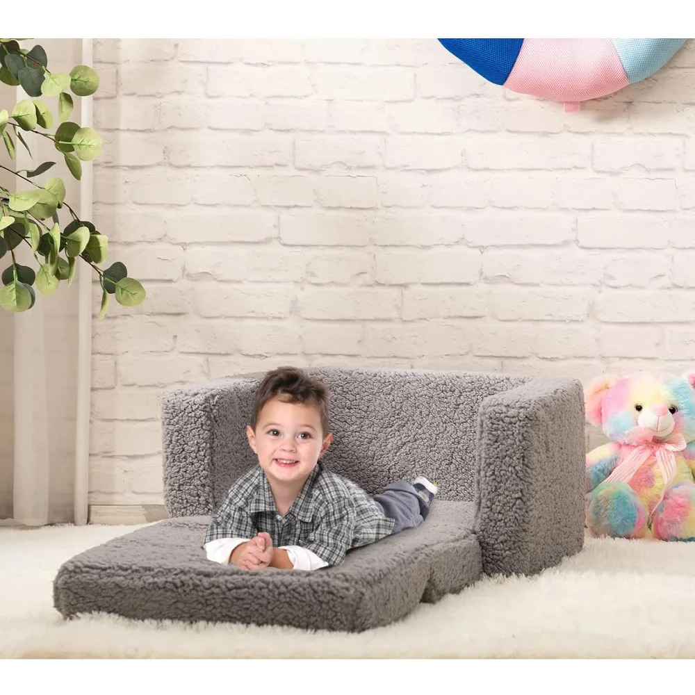 2-in-1 Flip Out Cuddly Sherpa Toddler Couch, Convertible Sofa to Lounger, Grey 5
