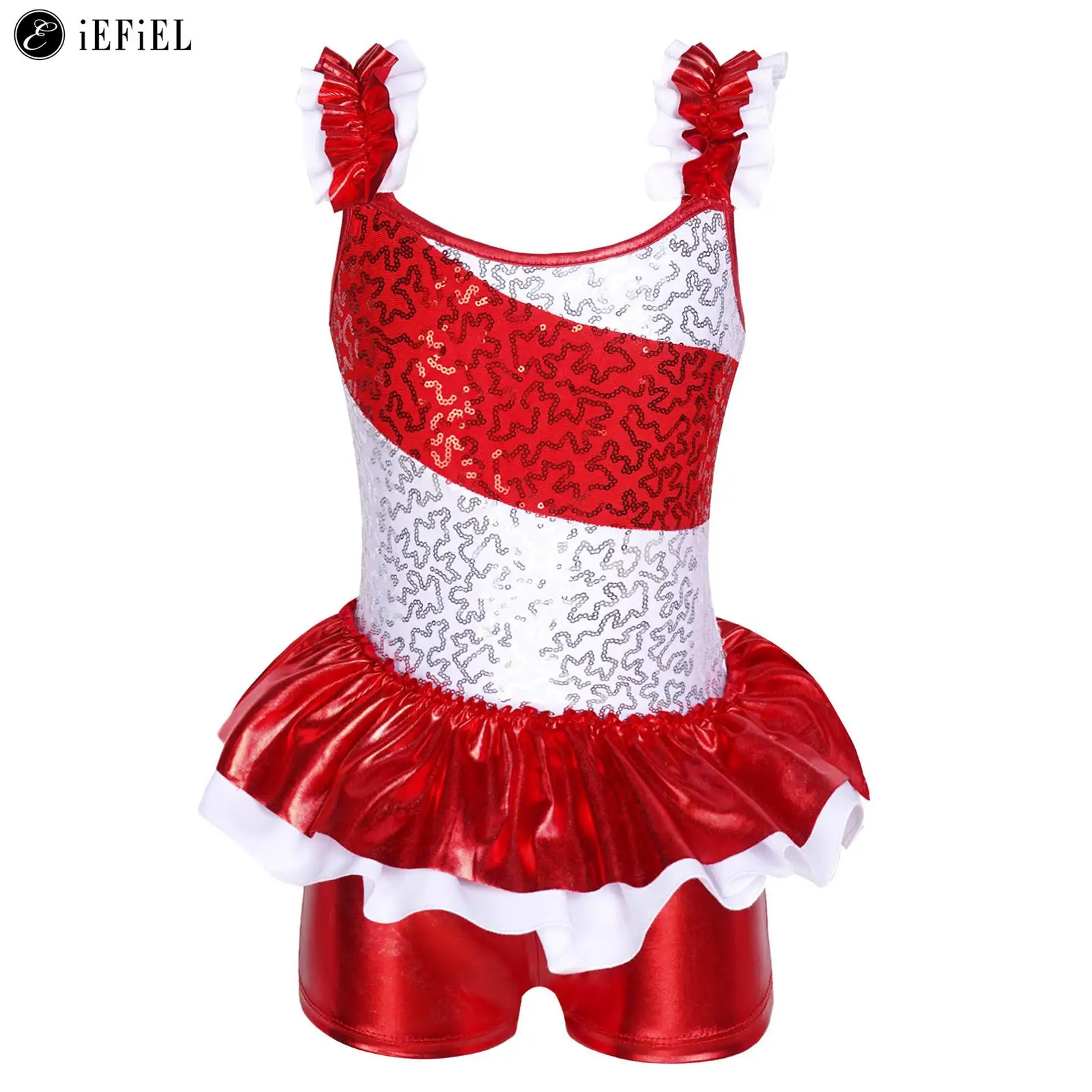 

Kids Girls Sparkly Sequins Ruffled Bodysuit Jumpsuit Christmas Holiday Party Baton Twirling Dance Stage Performance Costume