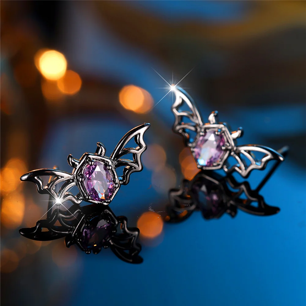 Cute Female Crystal Purple Zircon Stone Bat Animal Stud Earrings Black Gold Color Wedding Jewelry For Women