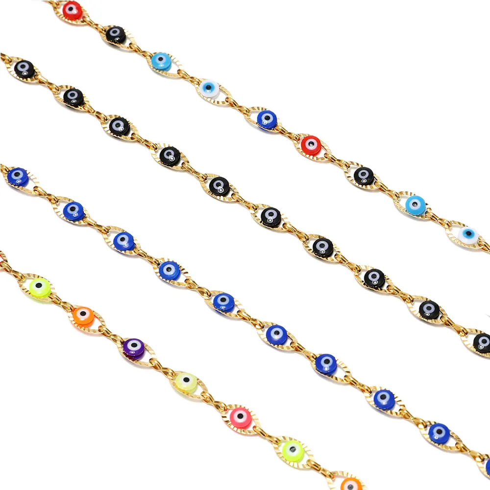 

1 Meter Stainless Steel Gold Color Blue Turkey Eye Chains Beaded Charm Link Chain For Jewelry Making DIY Wholesale Findings