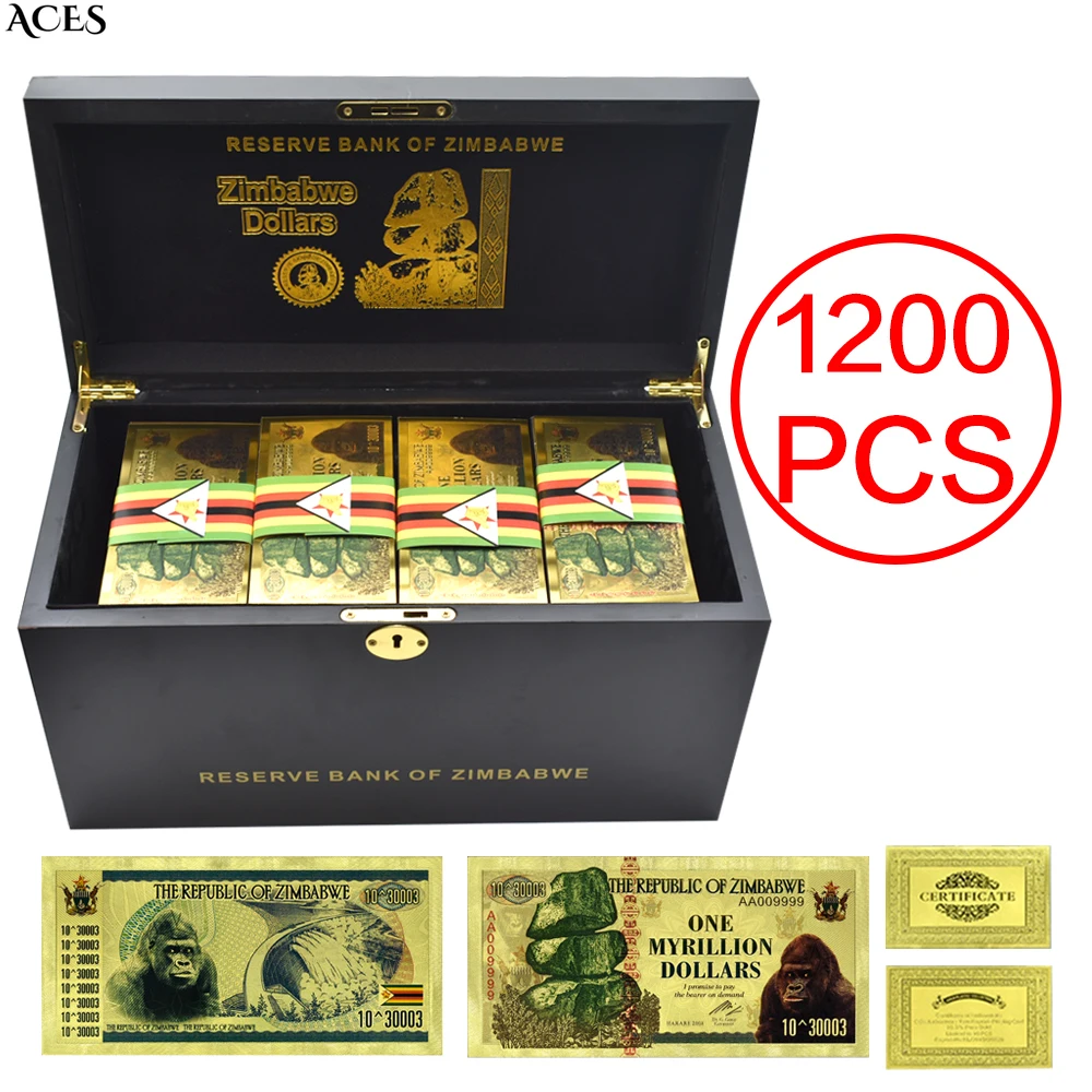 

1200pcs Zimbabwe Gold Foil Banknotes Whole Case with Nice Wooden Box One Myrillion Dollars Money with Sealing Strip