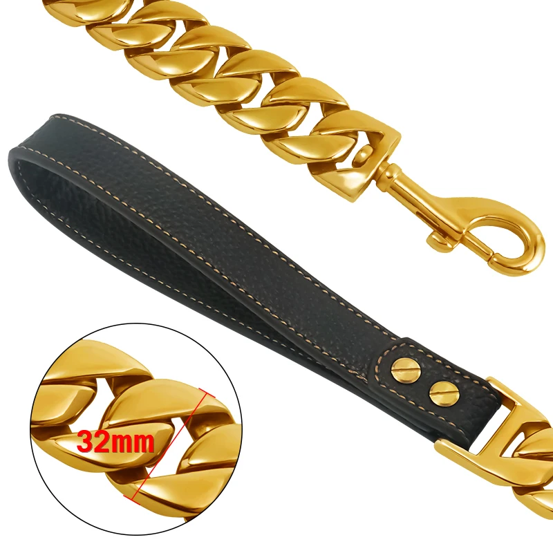 32mm Dog Leash Pet Collar Lead Stainless Steel Super Strong Gold Collar Chain Customized Bulldog Pitbull Large Dog Collar Leash