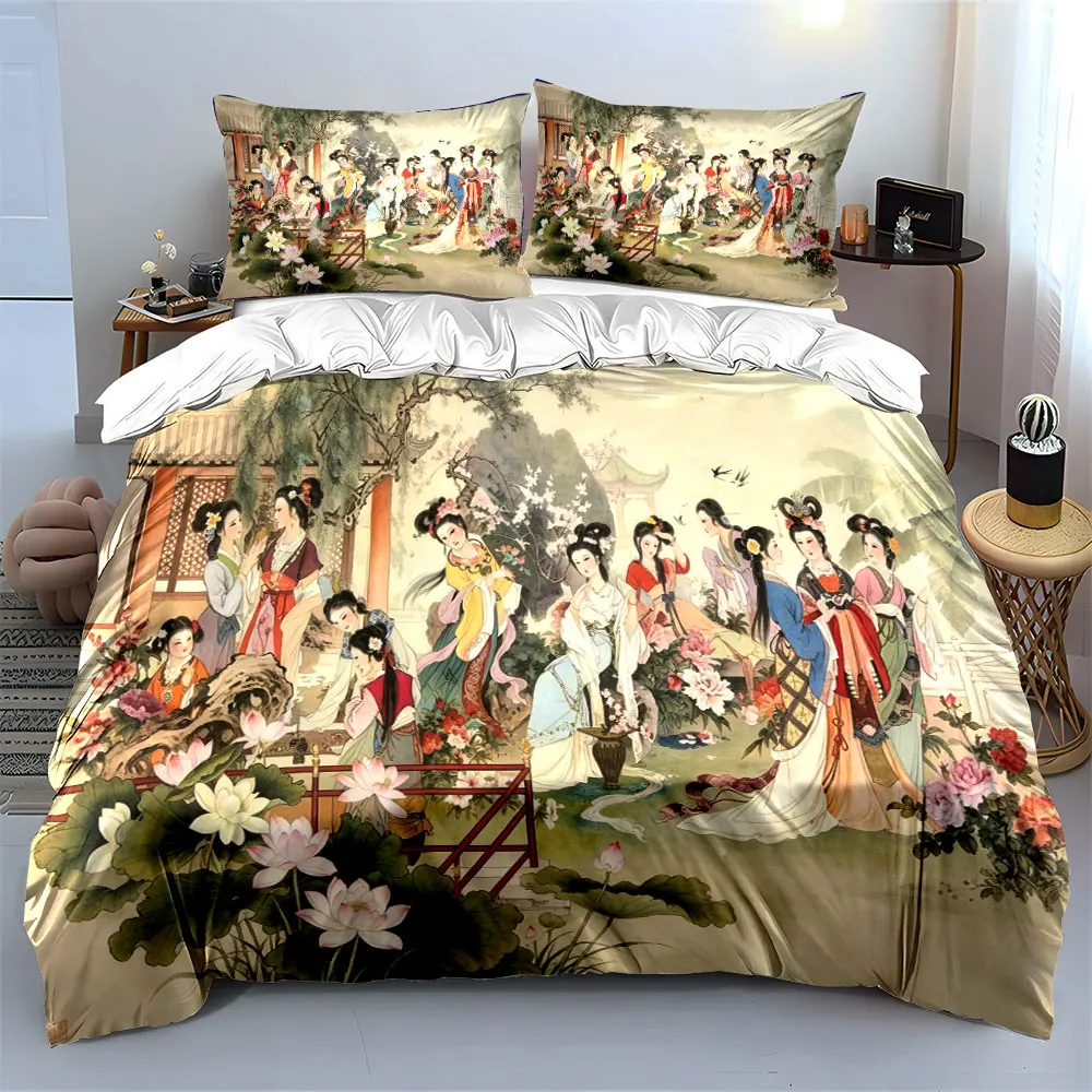 Chinese Ancient Painting Bedding Set,3pcs Elegant Traditional Lady Art Duvet Cover Set,Soft Home Decor Bedding for Bedroom,gift 2