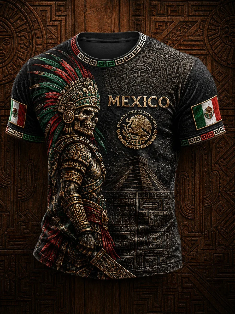Mexikanischer Stil Azteken-Grafik Fußballtrikot T-Shirt für Männer und Frauen 3D-Druck Sport-Oberteil Kurzarm Lässige Outdoor-Sommerkleidung