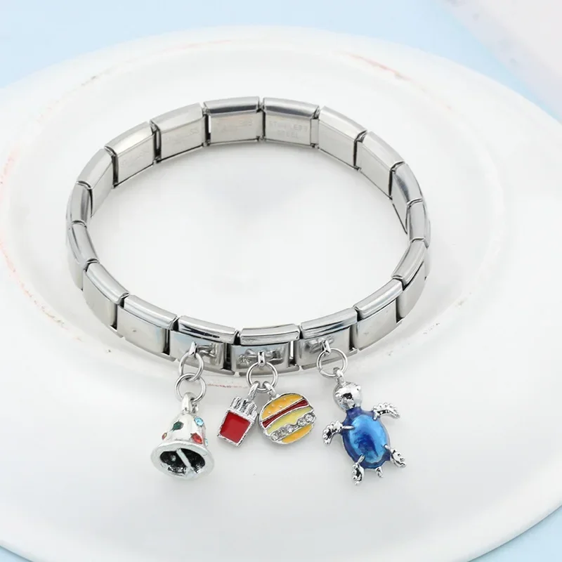 Italian Charm Bracelet Hapiship Daisy Bell Blue Turtle Beads Fit 9mm Stainless Steel Jewelry DIY DJ317