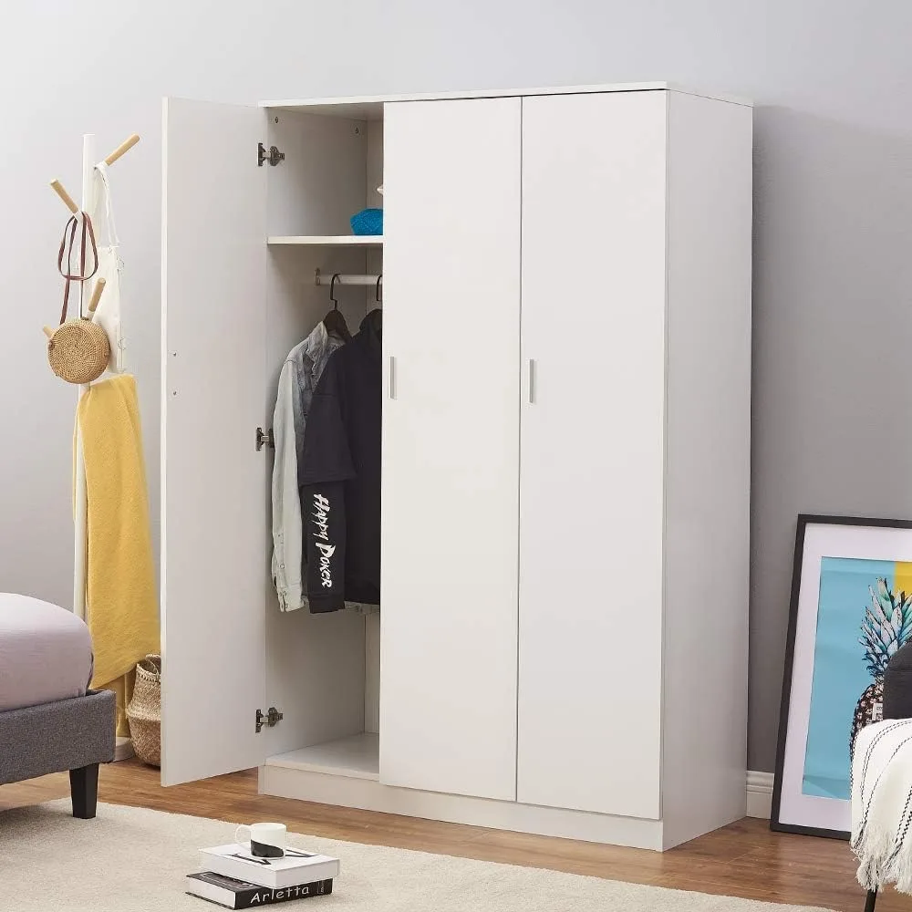 3 Door Armoires Wardrobe Closet with Clothes Hanging Rail, 6 Storage Shelves Cupboard Unit Bedroom Furniture 4