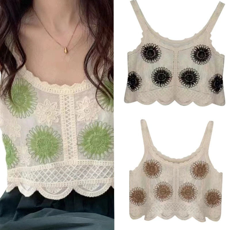 

Sleeveless Knit Women Summer Crewneck Pattern Vest Vintage Daily Top Cloth
