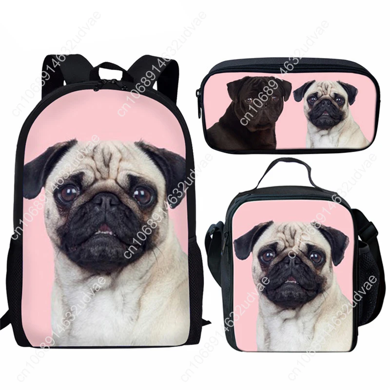 Girls School Backpack Puppy Pug Print 3 Piece Backpack Lunch Bag Pencil Case Kids School Bag Shoulder Bag Women's Mochilas