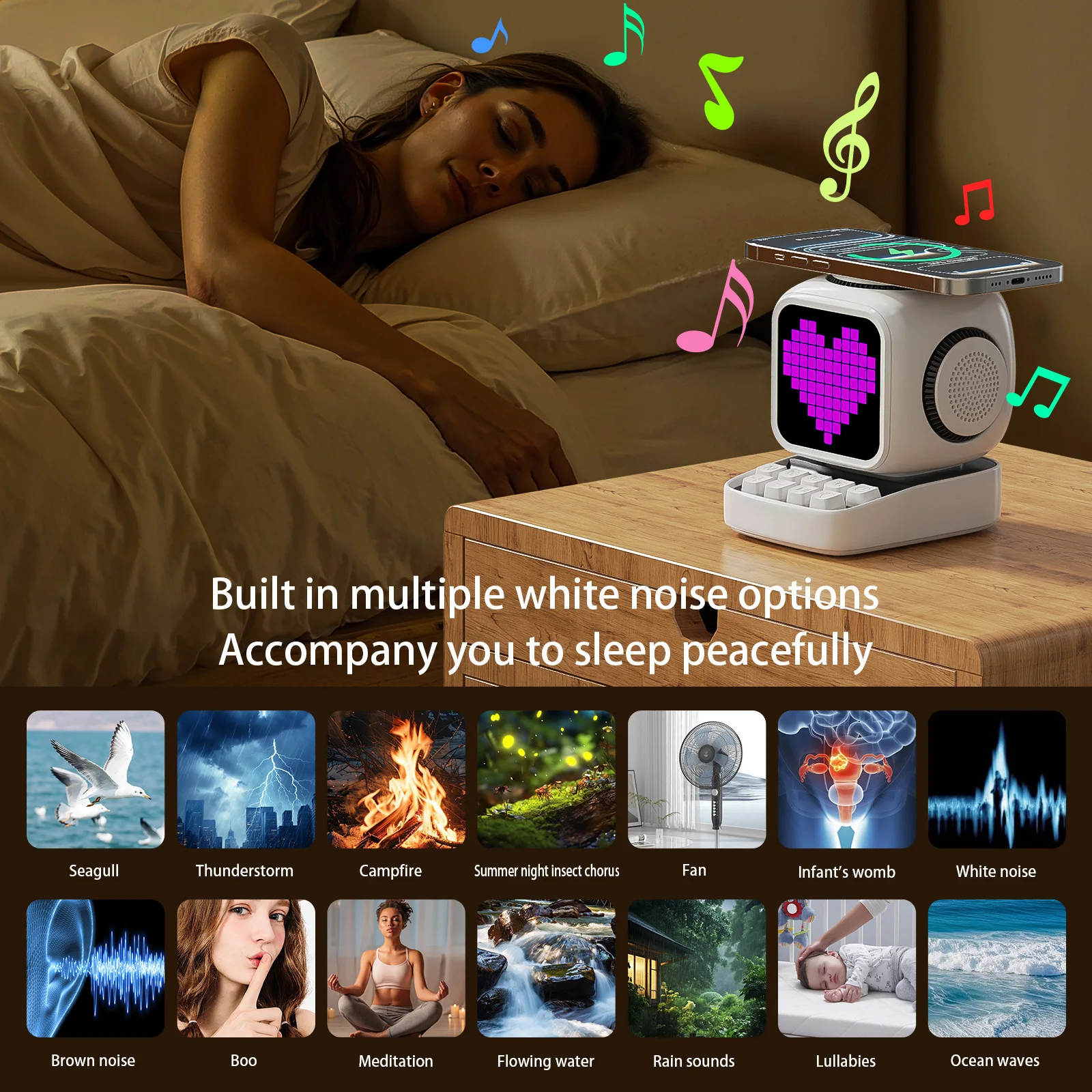 Multi-functional Mini Computer Appearance Magnetic 15W Fast Wireless Charger with White Noise Bluetooth Speaker Dual Alarm Clock