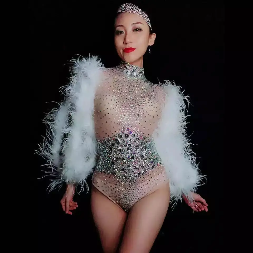 

Sparkly Rhinestones Feathers Sleeves Crystals Mesh Outfit Bodysuit Evening Birthday Party Transparent Leotard Nightclub wear