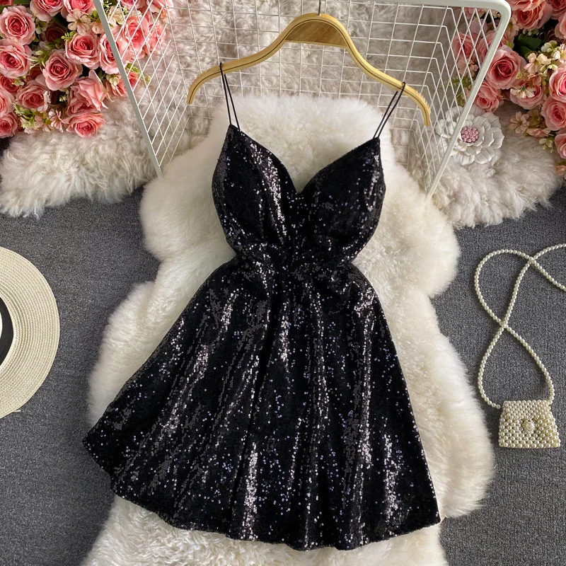 

Sparkling Sequin Suspender Dress 2024 New Summer Sexy Spicy Girl Deep V-neck Open Back Dresses Fashion Charm Ladies Beach Skirts