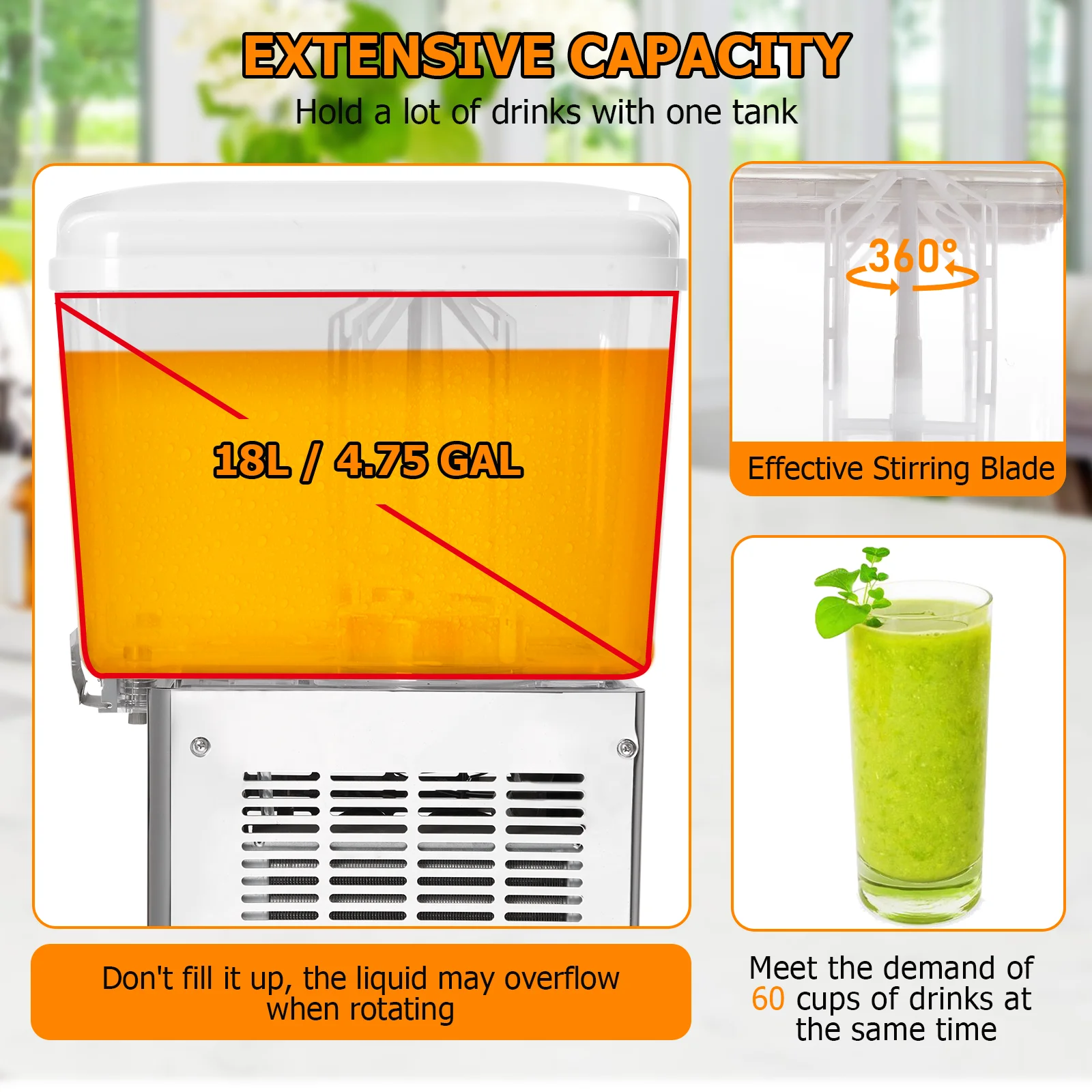 Commercial Beverage Dispenser, 1 Tanks 4.75 Gallon 18L Commercial Juice Dispenser, 18 Liter Per Tank, 180W Stainless Steel Food 3