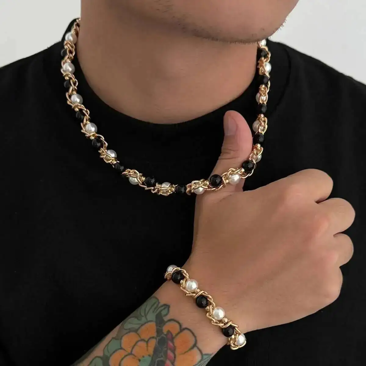 Lacteo 2025 Trendy Creative Imitation Pearl Beaded Chain Necklace Bracelet for Men Vintage Clavicle Chain Charm Jewelry Gift Set