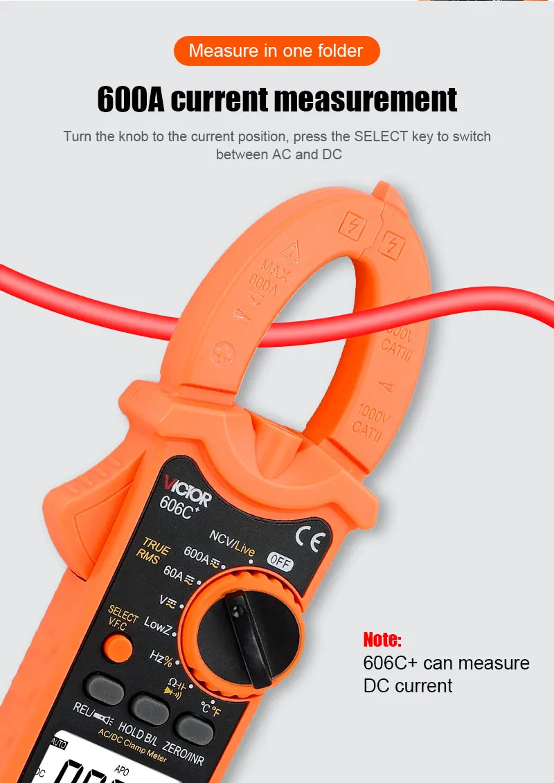 VC606+ Series Low Impedance Clamp Meter 5999 Digit Display 35mm 600A Inrush Curr