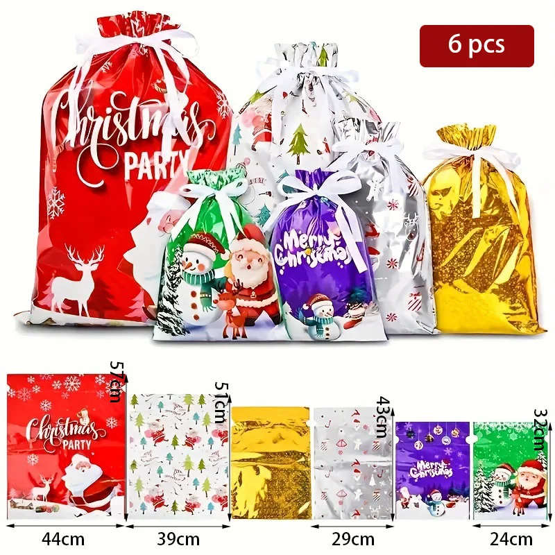 Große Weihnachts-Geschenktüten mit Kordelzug, Sets, Süßigkeiten-Verpackungsbeutel, Weihnachtsmann, Schneemann, Schneeflocke, Geschenktüten, Dekor, Weihnachtszubehör – Detail 2