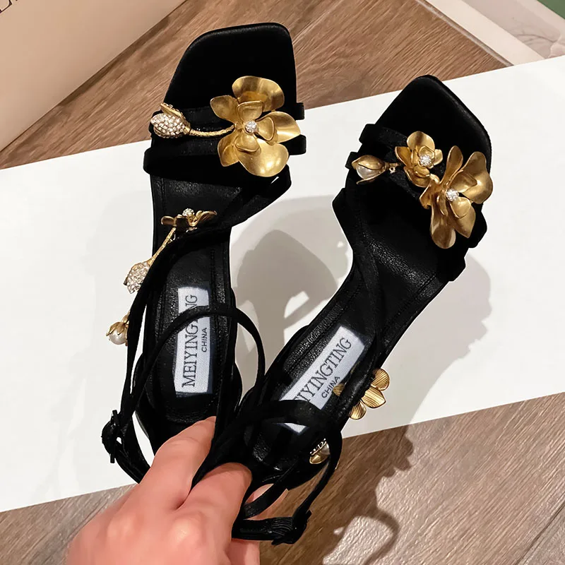 New 2024 Open-toed Square Head Golden Rose Sandals Niche Fashion Sexy Women With High Heels