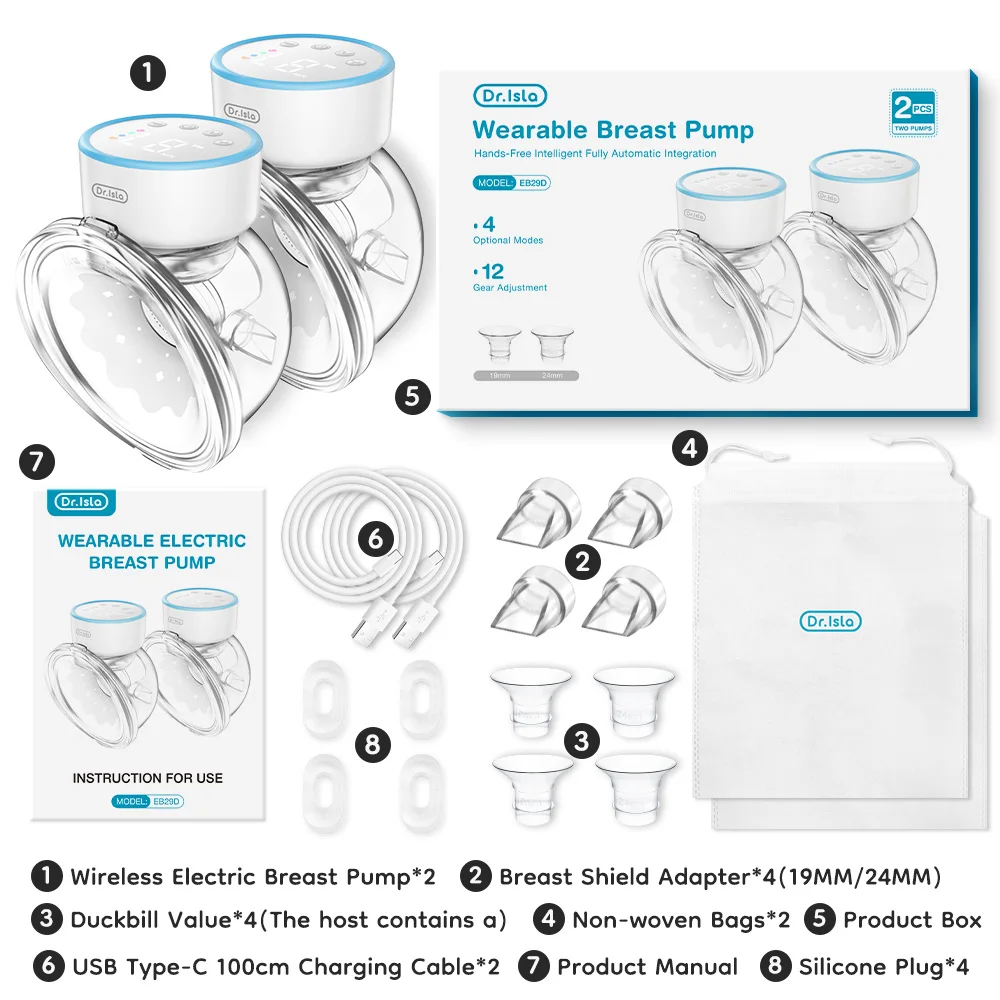 Dr.isla 2Pcs Portable Wearable Electric Breast Pump 4Modes 12 Levels Hands Free Breast Pumps Milk Collector With 19/24mm Flange electric breast pump
