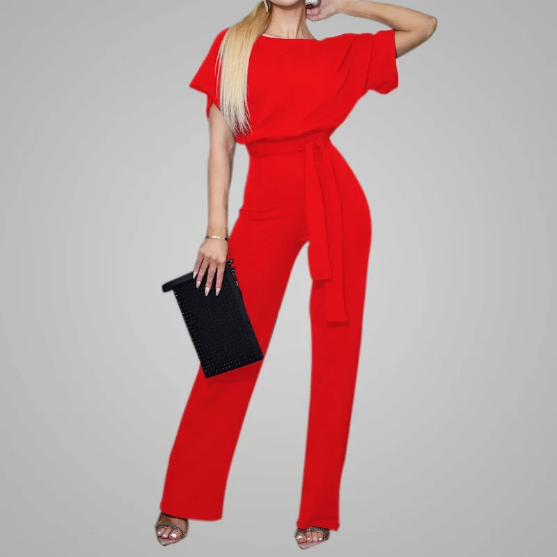 Women's High Waist Tunic Plus Size Overalls 2021 Elegant Jumpsuit Loose Short Sleeve Wide Leg Long Casual Female Streetwear Pop