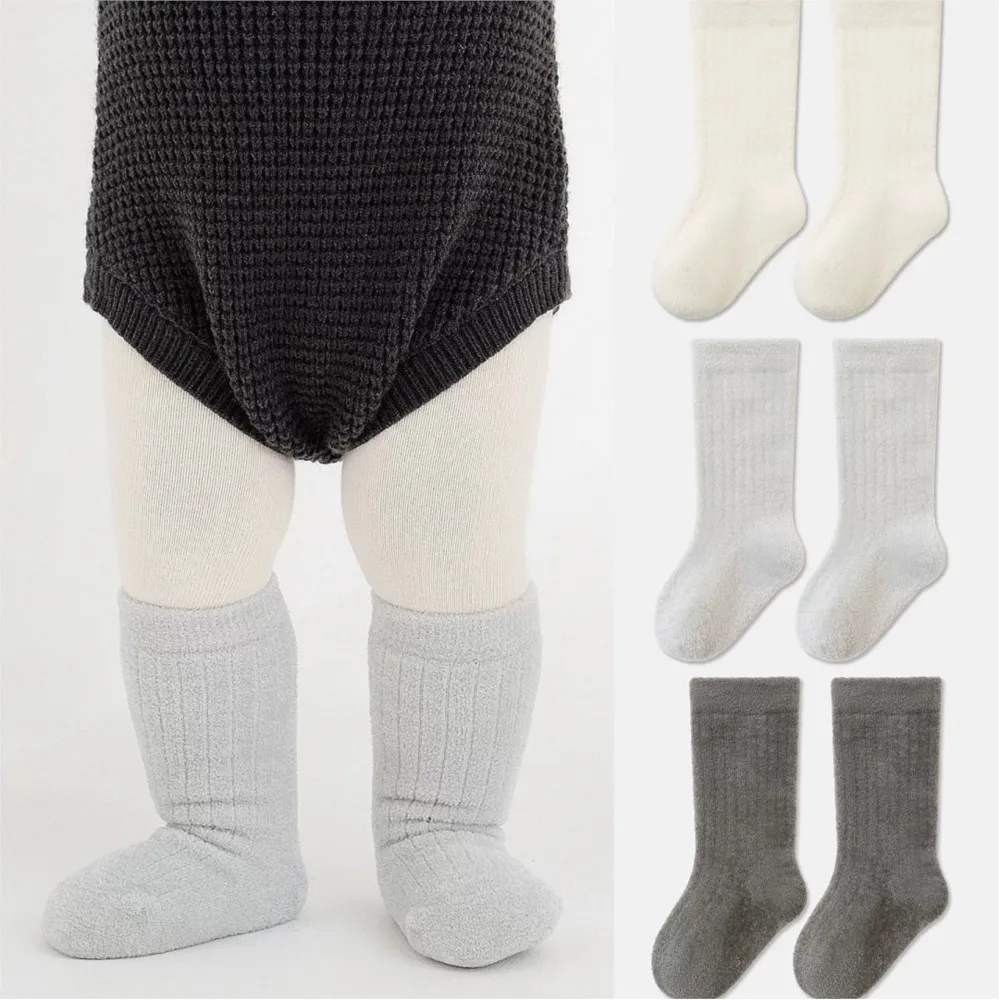 3 Pairs Cute Baby Girls' Cotton Mid-calf Socks Solid Sockens Toddler Kids Spring & Autumn Newborn Socks
