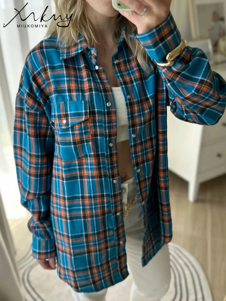 MiuKoMiYa Green Vintage Plaid Shirt Women Oversize Top Long