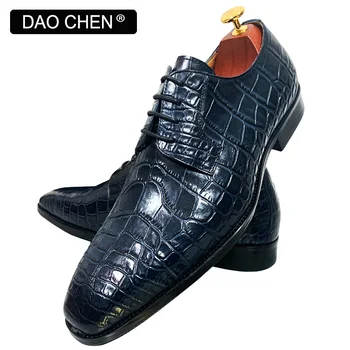 DAOCHEN 남성용 이탈리아 가죽 신발, 블루 블랙 악어 프린트, 레이스 업, 캐주얼 드레스, 사무실 웨딩 신발