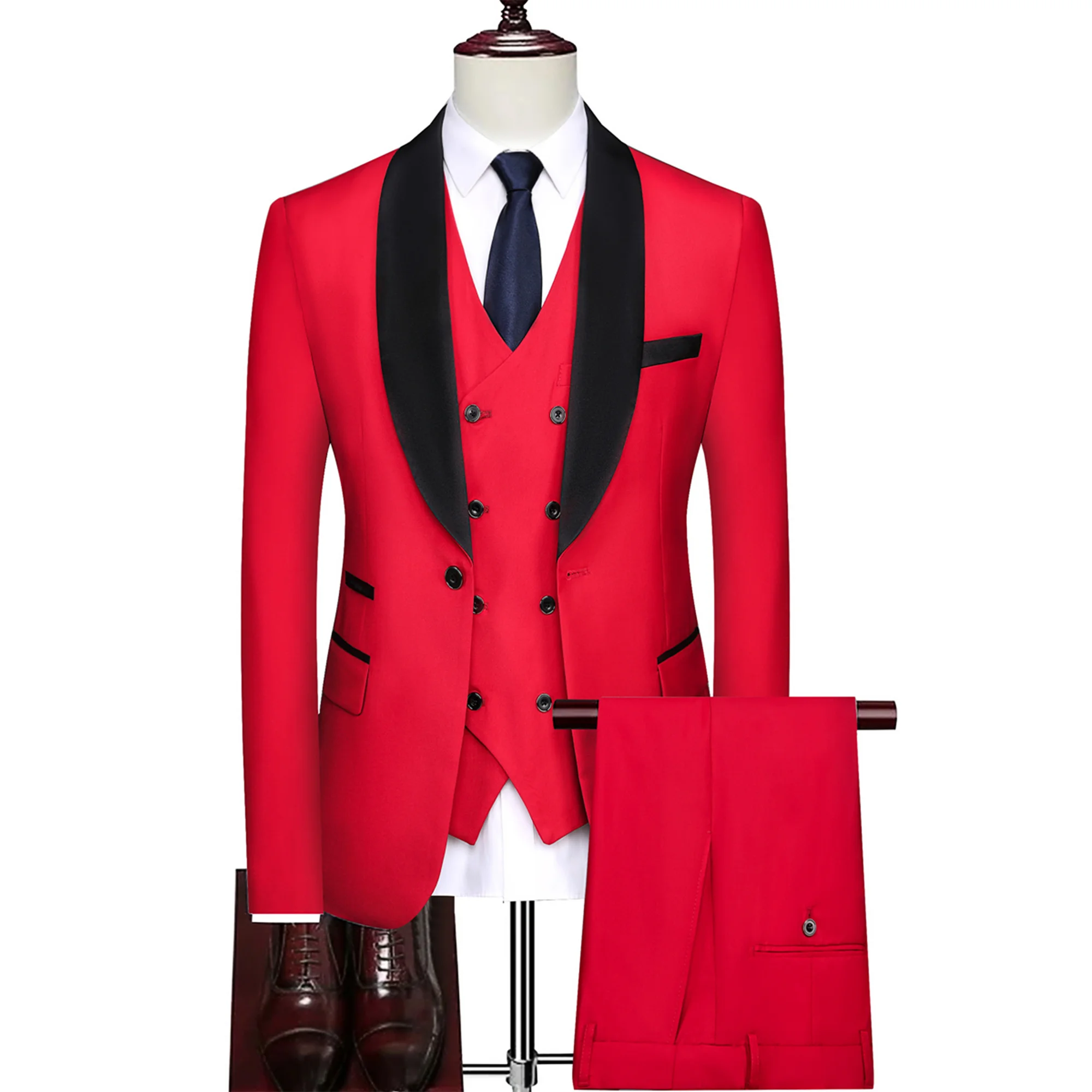 2023 Fashion New Men Casual Boutique Business Dress Double Breasted Waistcoat Suit 3 Piece Set Blazers Jacket Coat Pants  Vest