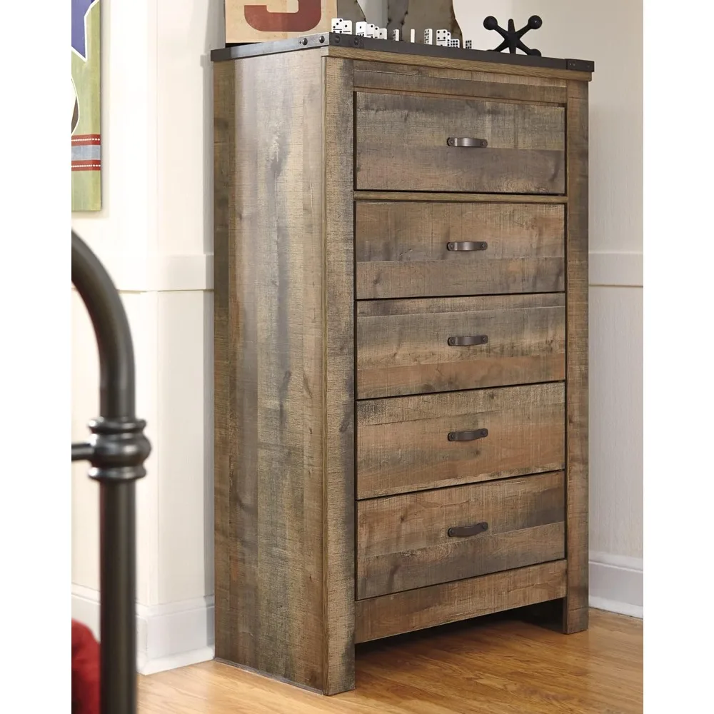 Trinell Rustic 5 Drawer Chest of Drawers with Nailhead Trim, Warm Brown 2