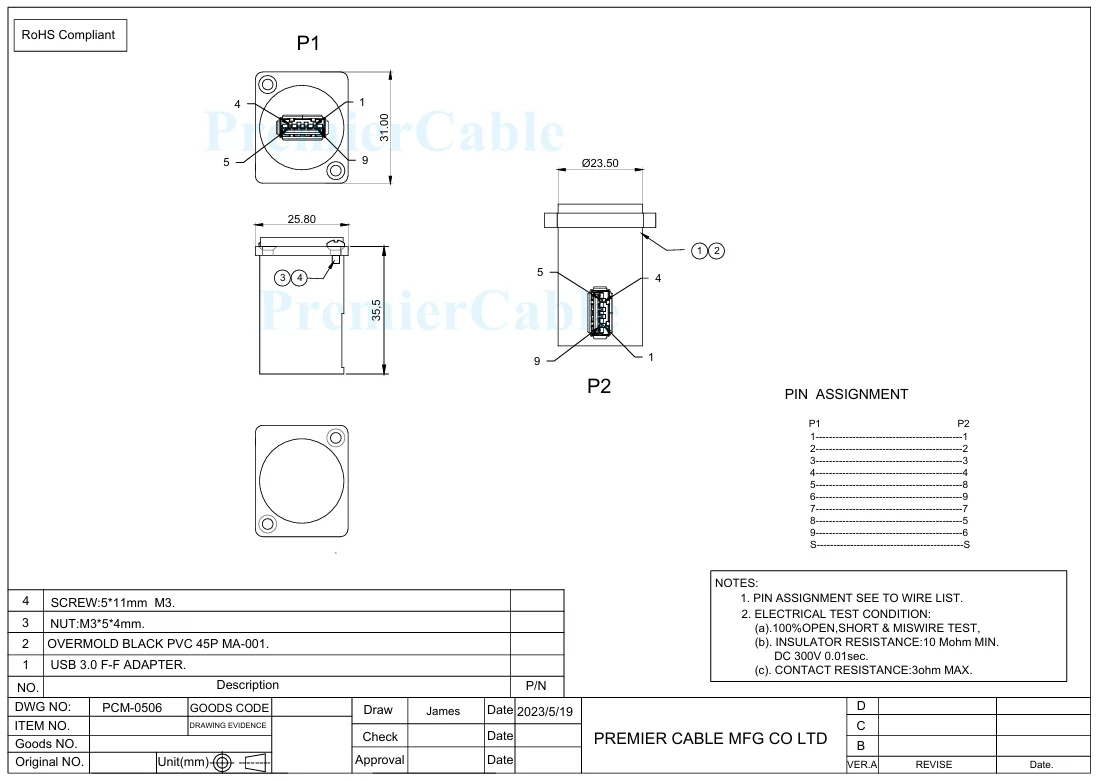 USB 3.0-Adapter für Panelmontage, abgewinkelter Ausgang, USB 3.0 A-Buchse, D-Typ-Stecker für Panelmontage, Durchgang durch lötfreie Schottkupplung – Detail 7