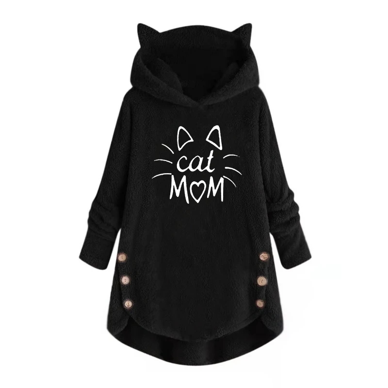 Autumn and Winter Plush Letter Cartoon Print Cat Ears Long-Sleeved Pullover Hooded Loose Casual Street Sweatshirt Women's Warm Top 3