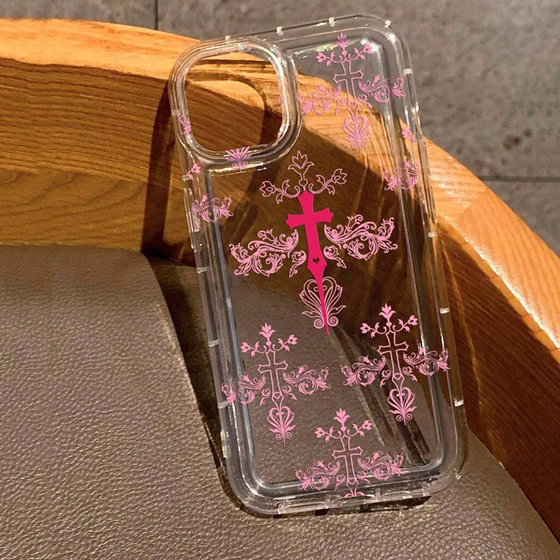 thumbnail image 1 of Funda de teléfono para iPhone, carcasa transparente a prueba de golpes, con estampado de flores cruzadas, estilo Punk rosa, para modelos 16, 14, 13, 11, 12, 15 Pro Max, 7, 8 Plus, SE2, XR, X, XS, 1 of 4