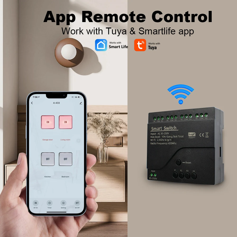 새로운 4채널 투야 모터 스마트 스위치 WIFI 릴레이 모듈 12V DC 7-32V AC 220V 85-250V RF433Mhz 리모컨 조명 스위치 (알렉사 지원)