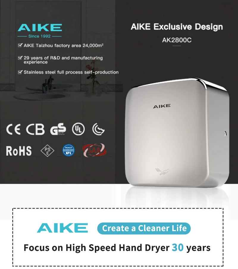 Description Picture 2 of itemAIKE High Speed Jet Air Hand Dryer 1400W Stainless Steel Smart Sensor Automatic Drying Hand Machine For Commercial Bathroom
