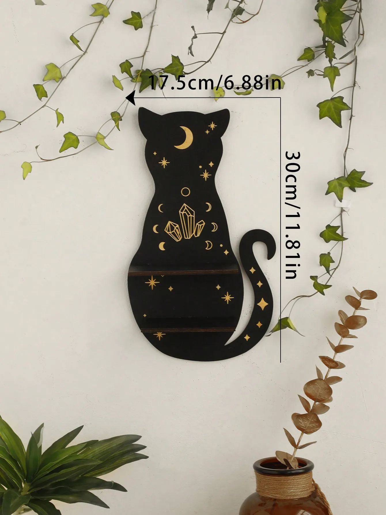 1pc 썬 문 스타 검은 고양이 부동 벽 선반 나무 크리스탈 선반 디스플레이 벽 장식 디스플레이 선반 Boho 홈 장식 선반