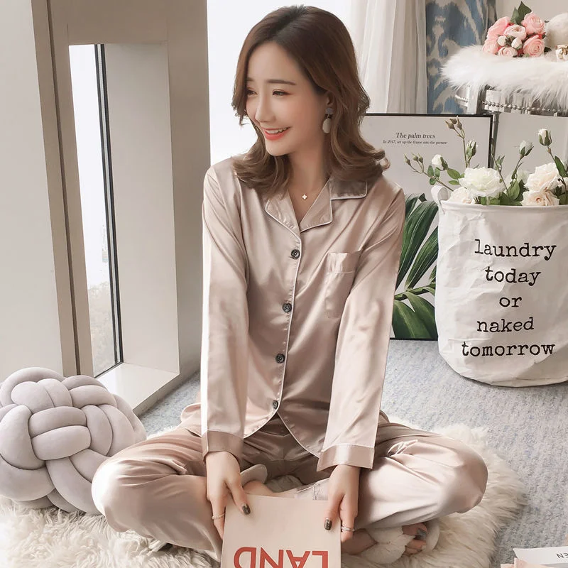 Spring Autumn Women's Thin Ice Silk Pajamas Solid Color Lapel Long Sleeve Cardigan Oversized Imitation Silk Home Clothing Set