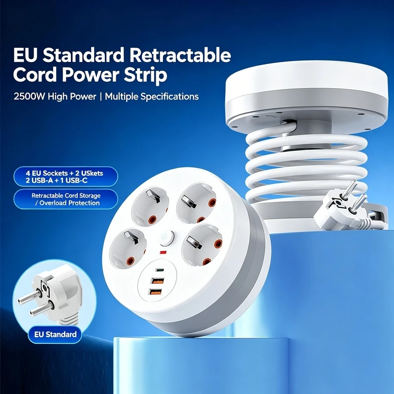 2.8미터 연장선, 4개 AC 콘센트, 2개 USB 포트, 1개 타입 C EU 플러그 충전 스위치가 있는 멀티탭 벽면 소켓 연장기