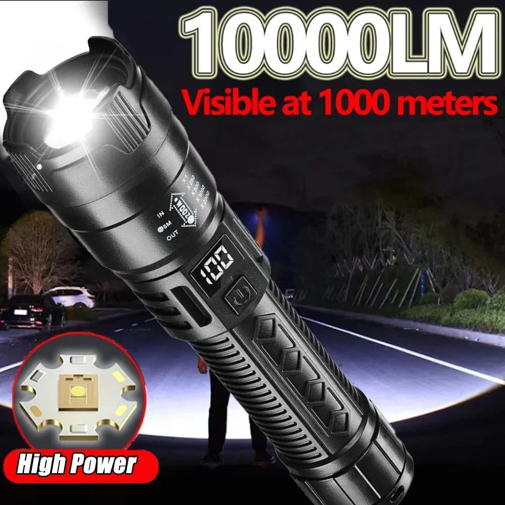 LED Flashlight High Strong Power Led Flashlights 2000LM Tactical Torch with Display Light USB Charging Camping Fishing Emergency Zoom Lantern led flashlight