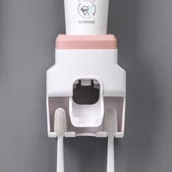 Innovative Hands-Free Toothpaste Dispenser and Toothbrush Holder Set (Pink)