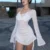 y2k Off Shoulder Dress 2000s Women Sheer Drawstring Ruched Long Sleeve Mini Dress Vacation Party Dresses Beach Cover Up