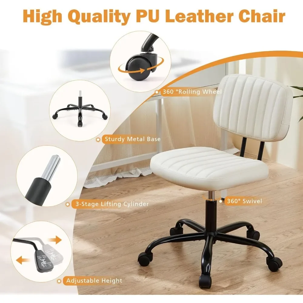 Small Office Desk Chair with Wheels Armless Comfy Computer Chair with Lumbar Support, PU Leather Low Back Adjustable 6