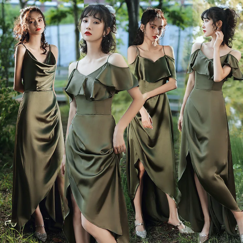 

Hong Hu Women's Evening Dress Pure Color 2024 Girl Friend Group Satin Long sisters Banquet Bridesmaid Formal Evening Dinner