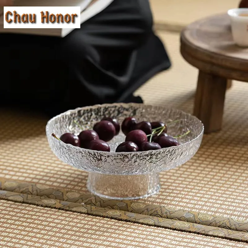 Stone Grain Glass Fruit Tray Modern Simple High Foot Fruit Tray Living Room Tea Table Household Tea Tray Snack Tray Customized
