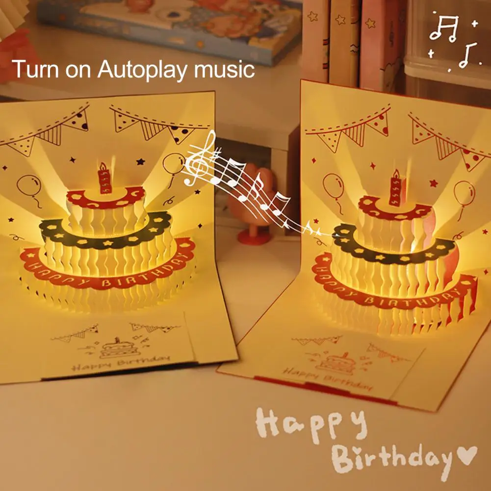3D Birthday Card Pop-Up Greeting Card with Musical Lights Happy Birthday with Cake for Women Men Kids Friends