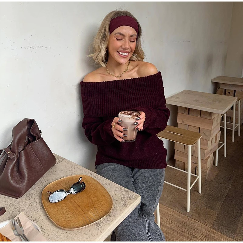 Suéter elegante burdeos con hombros descubiertos para mujer, jersey de punto de manga larga ajustado, prenda informal de punto de calle de primavera 2025