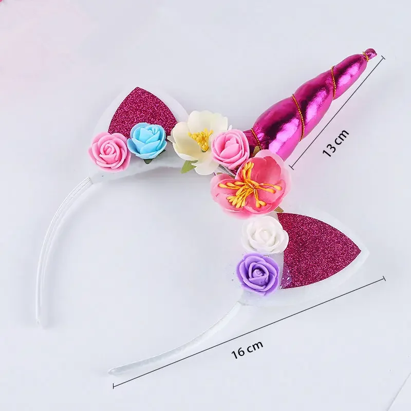 Girl Baptism Birthday Headband Horn Gold Glittery Artificial Flowers Ears Headwear Princess Unicorn Theme Baby Shower Party Gift