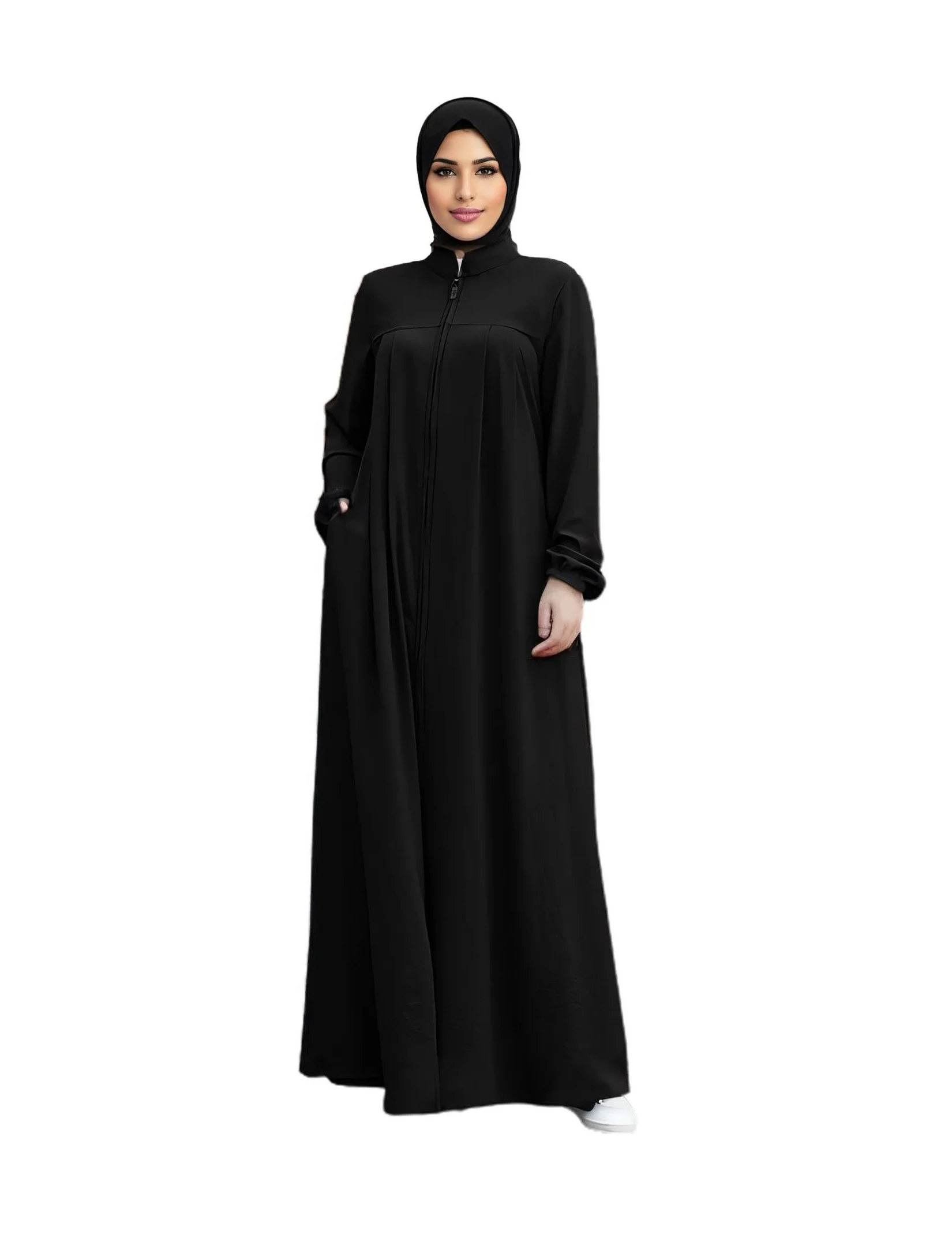 Womens Abaya Muslim Long Sleeve Front Zipper Dress Prayer Islamic Clothes with Pockets